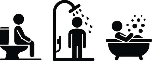 Black human figures depicting essential bathroom activities like using the toilet and showering