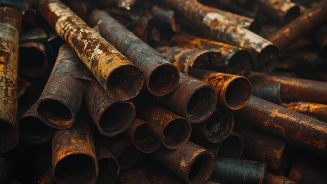 A heap of discarded metal pipes and beams heavily rusted