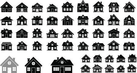 Diverse Vector Icon Set of Residential Buildings, Featuring Single Homes, Apartment Blocks, Trailer Caravan, and Eco-Friendly Green House Symbols, Perfect for Real Estate and Property Concepts.