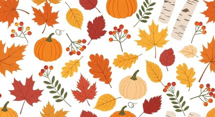 Obraz premium Vibrant autumn pattern featuring pumpkins maple leaves berries and birch branches on a white background