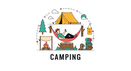 Obraz premium A man relaxing in a hammock while camping in the woods, surrounded by a tent, campfire, and other outdoor adventure equipment.