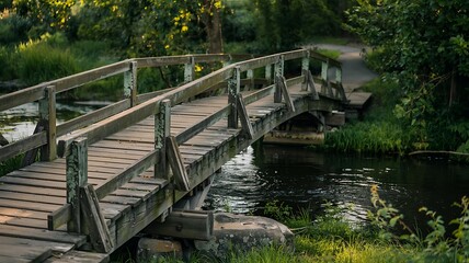 Tranquil scene with wooden bridge over peaceful flowing water photo