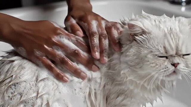 Close up of hands gently bathing a fluffy long haired white cat with soap lather