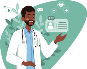 Cheerful dark skinned male doctor in a white lab coat with a stethoscope, gesturing toward digital medical icons, plants in back. Suitable for healthcare, telemedicine, and medical technology themes.