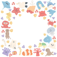 Obraz premium 海のなかまたちシリーズ｜海の生き物 丸フレームイラスト / Sea Friends Series – Marine Animals Circle Frame Illustration
