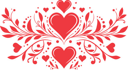Beautiful red floral ornament featuring heart shapes, leaves, and a central flower in a symmetrical pattern. Perfect for Valentine&rsquo;s Day, romantic cards, invitations, or love-themed projects.