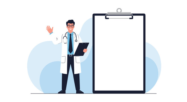 A friendly male doctor standing beside a large blank clipboard, offering a space for medical notes, patient information, or a health checklist.