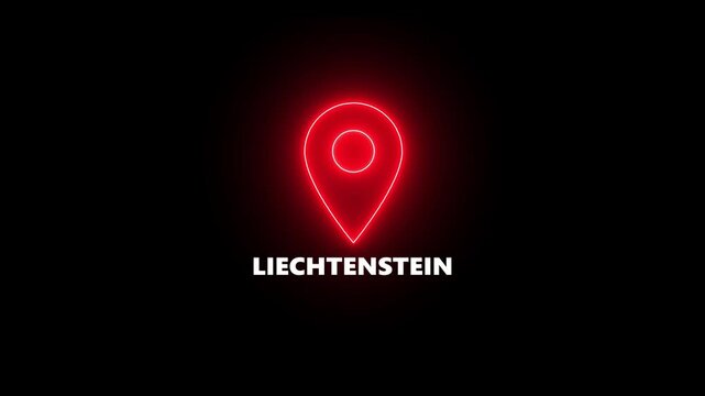 Red Neon Location Pin Icon with Text LIECHTENSTEIN on Black Background liechtenstein marker
