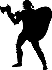 Naklejka premium Silhouette illustration of a medieval warrior in full armor, standing upright while holding a large war hammer in one hand and a shield in the other. Bold and powerful black figure.