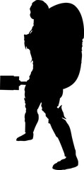 Naklejka premium Silhouette illustration of a medieval warrior in full armor, standing upright while holding a large war hammer in one hand and a shield in the other. Bold and powerful black figure.