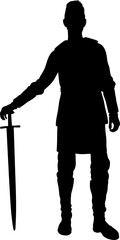 Obraz premium Black silhouette of a warrior holding a sword in hand, wearing armor like clothing. Strong heroic stance emphasizes strength, courage, and battle readiness in a bold outline style.