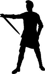 Naklejka premium Black silhouette of a warrior holding a sword in hand, wearing armor like clothing. Strong heroic stance emphasizes strength, courage, and battle readiness in a bold outline style.