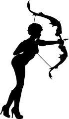 Black silhouette illustration of a woman aiming a fantasy style bow. The archer holds the weapon in a poised stance, highlighting precision, focus, and strength in a dramatic artistic design.