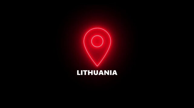 Red Neon Location Pin Icon with Text LITHUANIA on Black Background lithuania marker