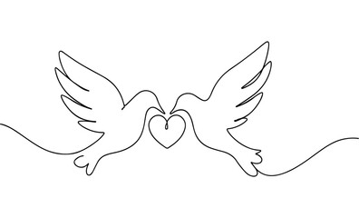 Pigeons with a Heart One Continuous Line Drawing – Symbol of Peace, Love, Freedom Vector Illustration
