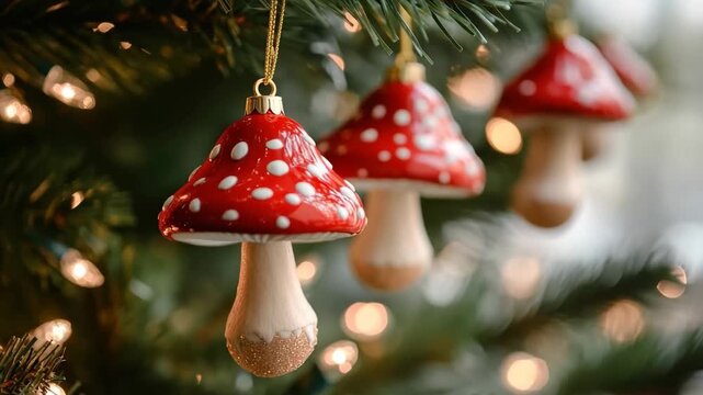 Festive Mushroom Ornaments: Capturing the festive spirit with charming mushroom-shaped ornaments. Adorning a lush evergreen tree, these whimsical decorations infuse the season with cheer.