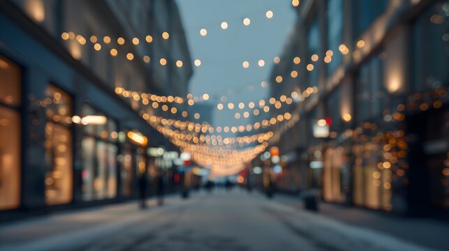 Blurred winter city street with festive holiday lights and warm bokeh, cozy evening urban background with copy space