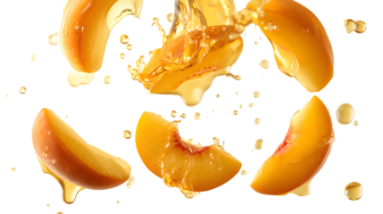 Peach Splash: Frozen in mid-air, peach slices explode with a vibrant splash of juice, embodying the essence of summer freshness and natural sweetness.
