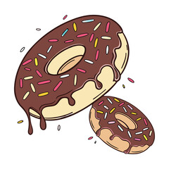 Delicious cartoon donut illustration with chocolate icing, isolated on a white background, perfect as a sweet bakery vector snack icon