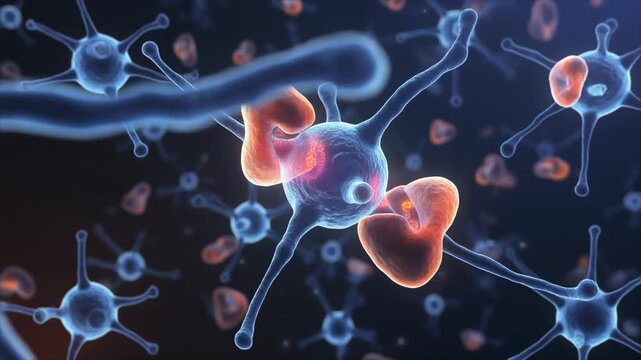 Microscopic view of neurons interacting with retinoic acid receptors