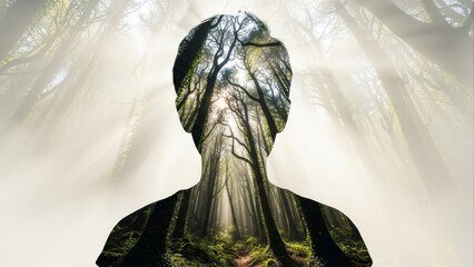 Abstract Human Face Emerging from Tree Trunk Symbolizing Nature Connection