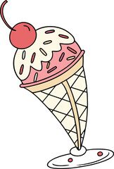 Cute cartoon vector illustration of a delicious frozen dessert: a sweet ice cream cone