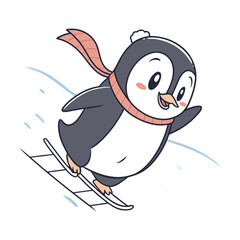 Cute baby cartoon penguin animal vector illustration having fun with a ball and ice cream in the snow