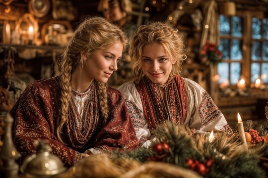 Ukrainian christmas koliada two women in traditional clothing