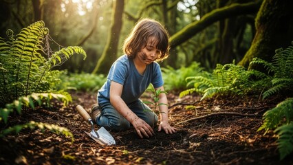 Child Planting Tree in Forest as Environmental Education Concept