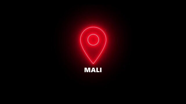 Red Neon Location Pin Icon with Mali Text on Black Background map marker navigation