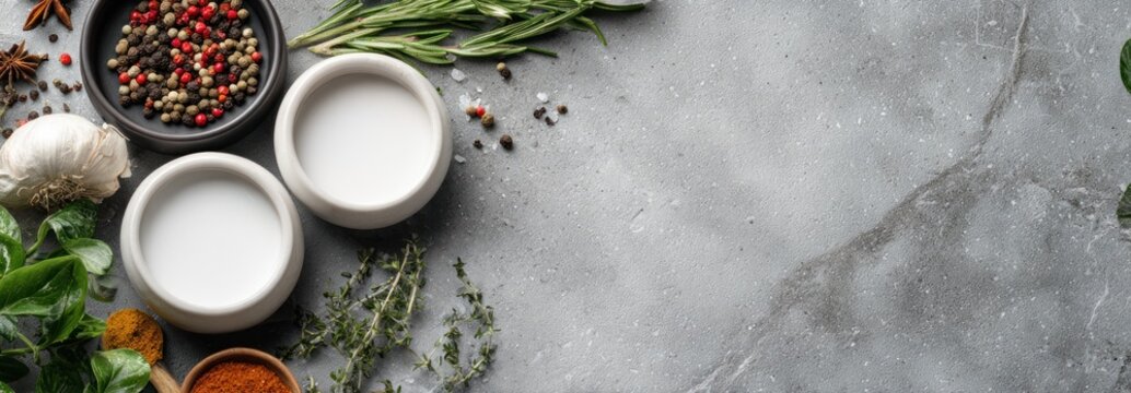 Culinary still life of fresh herbs spices and condiments on a textured surface