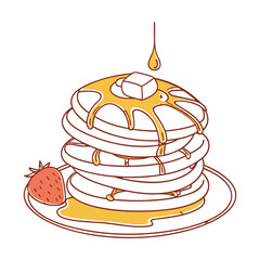 Cartoon vector illustration of a sweet chocolate birthday cake slice on a plate with cream and cherry