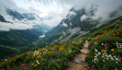 A mountain range with a path through a field of wildflowers