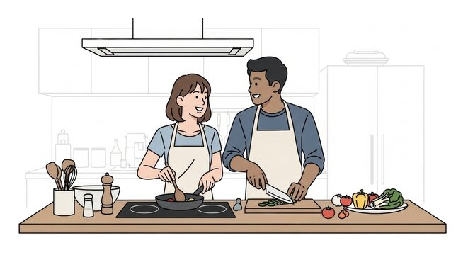 A diverse couple happily cooking a healthy meal together in a bright modern kitchen enjoying quality time and domestic bliss - Powered by Adobe