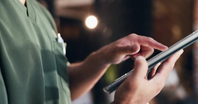 Hands, healthcare and tablet with nurse in wellness center for calendar, online booking or schedule. App, medical and scrolling with employee in clinic for agenda, appointment or digital review