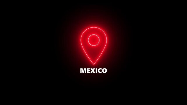 Red Neon Location Pin Icon with Mexico Text on Black Background map marker navigation