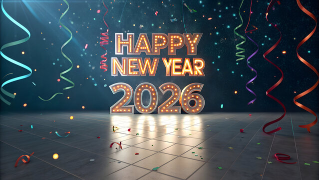 Bright illuminated happy new year 2026 celebration backdrop confetti and streamers event