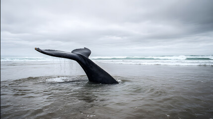 motherliness. Beached whale with tail fin splashing in shallow water under overcast sky. wildlife magazines, conservation campaigns, designed for eco-tourism storytelling.