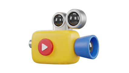 Yellow Cartoon 3D Video Camera with Blue Lens and Red Play Button Isolated on Transparent Background for Content Creation and Media Recording