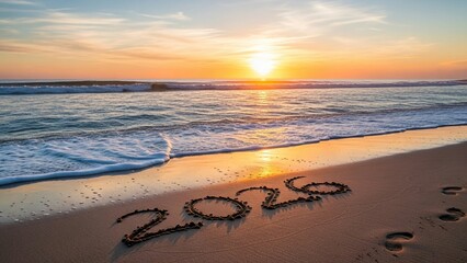 New Year 2026 Written in Sand on Beach | Sunrise Over Sea Holiday Concept