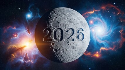 2026 Engraved on Moon | Outer Space Galaxy Background Futuristic New Year Concept