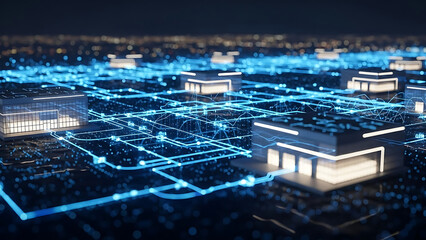 Smart city infrastructure visualization showing interconnected digital services and data streams