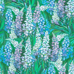 seamless pattern with blue and white lupine flowers