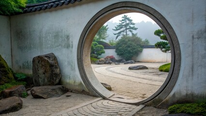 Intricate round arch in a serene garden leading to a winding stone path surrounded by lush greenery