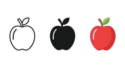 Three apples in different styles on white background