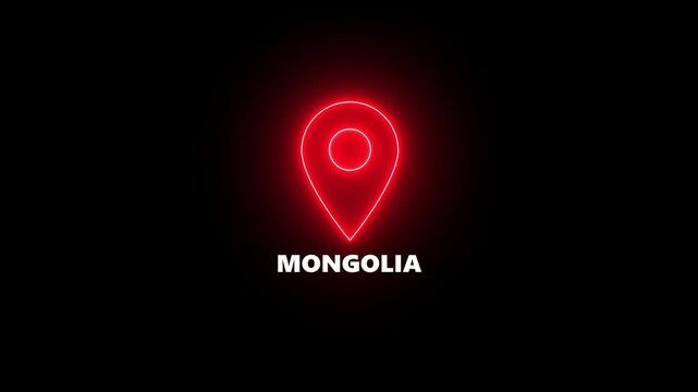 Red Neon Location Pin Icon with Mongolia Text on Black Background map marker neon sign