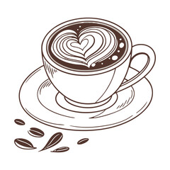 Hot coffee cup or mug with heart and steam, a morning breakfast beverage illustration