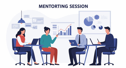 Obraz premium Illustration of a mentoring session with people discussing data, charts, and using technology.