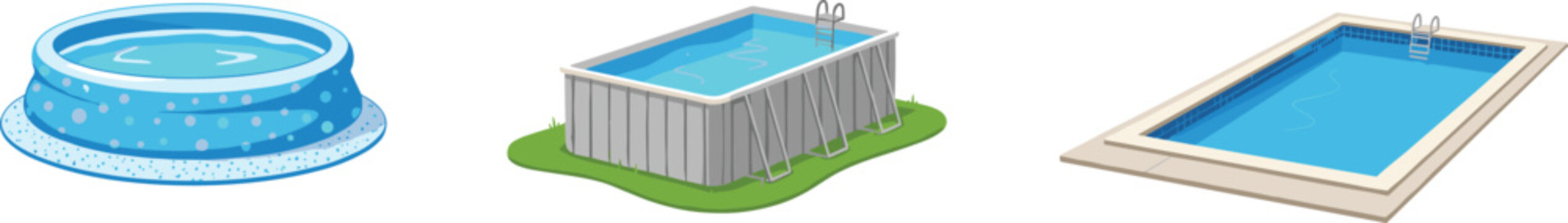 Set of Swimming Pool Types Vector Icons: Inflatable, Above-Ground, and In-Ground Backyard Pools, Perfect for Summer Leisure, Recreation, and Home Design.