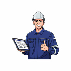 Smiling Electrician with Tablet, Indonesian Utility Worker (PLN) Thumbs Up